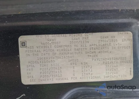 1994 Chevrolet S Truck S10 z USA, uszkodzony, nr VIN 1GCCS19W7RK163105